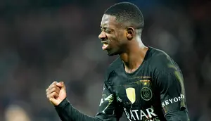 Selebrasi Ousmane Dembele dalam laga PSG vs Chelsea di leg pertama 16 besar Liga Champions 2025/2026, Kamis (12/3/2026). (AP Photo/Michel Euler)