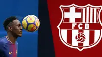 Pemain Barcelona, Yerry Mina menunjukan skill saat sesi perkenalan di Camp Nou stadium, Barcelona, (13/1/2018). Mina didatangkan Barcelona dari Palmeiras sebesar 10.5 juta pounds. (AP/Manu Fernandez)