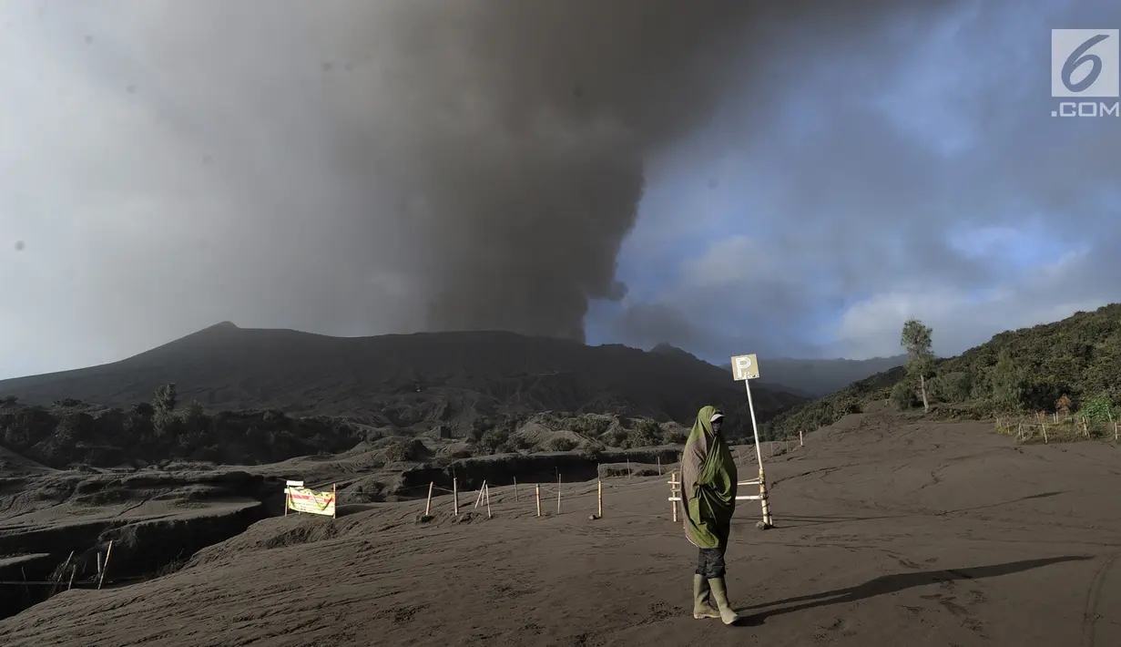 Seorang pria berjalan dengan latar belakang gunung Bromo yang sedang mengalami erupsi di Probolinggo, Selasa (26/3/2019). Kawasan wisata Gunung Bromo masih aman dikunjungi wisatawan asalkan tidak melakukan aktivitas di area dalam radius 1 kilometer dari kawah Gunung Bromo. (merdeka.com/Arie Basuki)