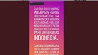 Unggahan foto tangkapan layar lulusan baru atau fresh graduate alumni UI. (Twitter.com)