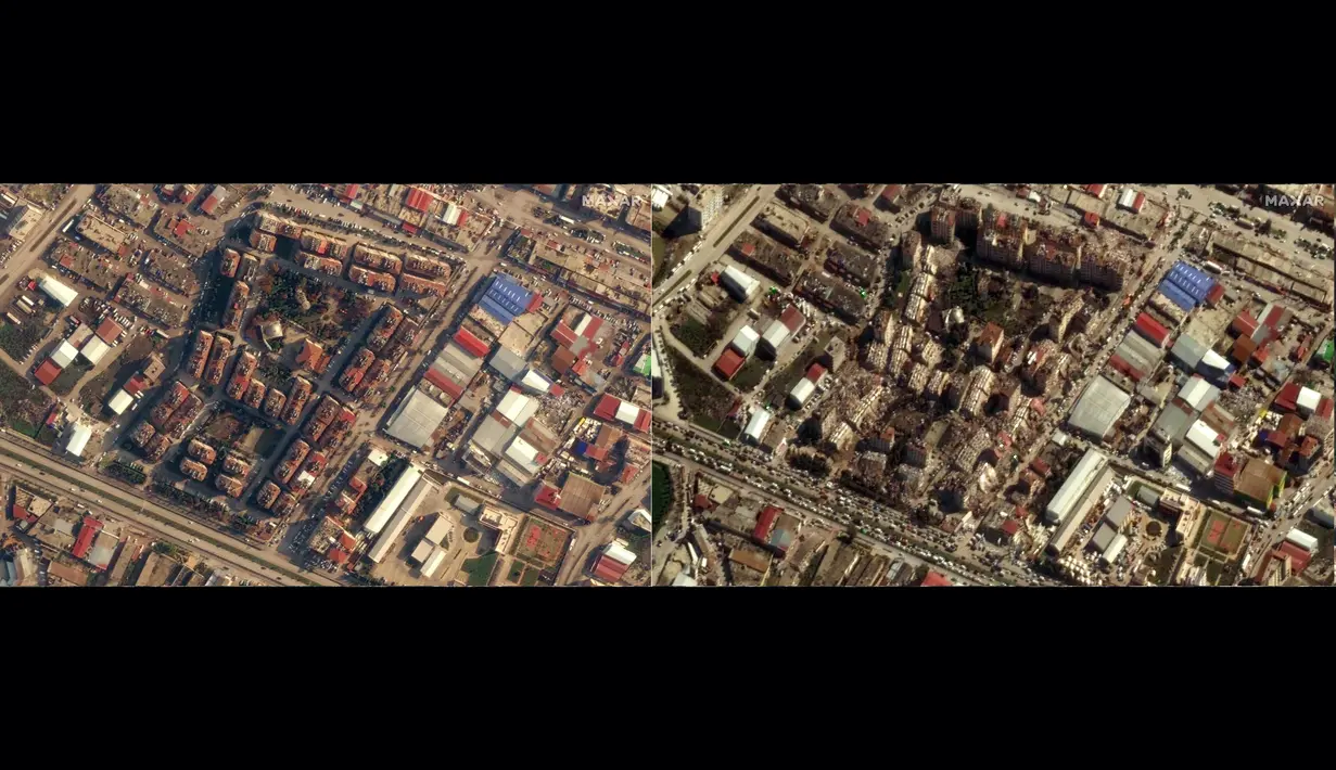 Kombinasi gambar yang dibuat dari citra satelit handout milik Maxar Technologies yang menunjukkan gambaran umum Antakya (foto kiri), Turki pada 22 Desember 2022, sebelum gempa bumi melanda wilayah tersebut pada 6 Februari 2023 dan gambaran umum wilayah Antakya (foto kanan), Turki pada 8 Februari 2023, setelah gempa bumi berkekuatan 7,8 SR yang melanda wilayah tersebut. Jumlah korban tewas gempa bumi besar yang melanda Turki dan Suriah naik di atas 12.000 orang pada tanggal 8 Februari 2023. (AFP/CITRA SATELIT ©2023 MAXAR TECHNOLOGIES)