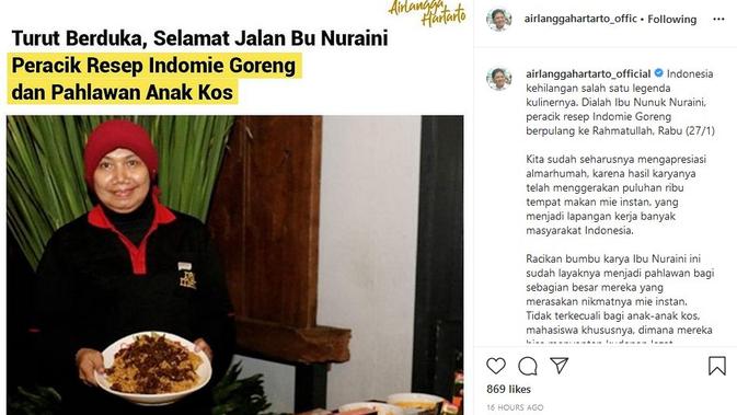 Menteri Koordinator Bidang Perekonomian Airlangga Hartarto menyucapkan bela sungkawa atas meninggalnya peracik bumbu Indomie Nunuk Nuraini.
