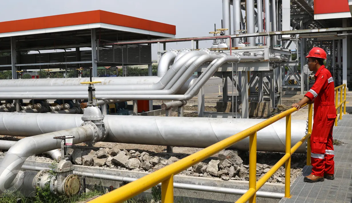 Seorang petugas mengecek kilang penimbum BBM di Terminal Bahan Bakar Minyak (TBBM) Plumpang Jakarta,(21/5). TBBM Plumpang merupakan distributor minyak satu-satunya yang meliputi kawasan Jabodetabek dan sukabumi. (Liputan6.com/Helmi Afandi)