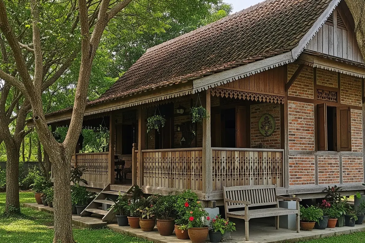Rumah Kampung Kombinasi Kayu dan Bata Ekspos (Gemini AI)