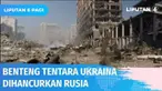 Inilah rekaman yang disiarkan TV Rusia mengenai aktivitas militer di Marinka, diluar Donetsk. Tampilan dari atas udara menunjukkan benteng dari tentara Ukraina telah dihancurkan.