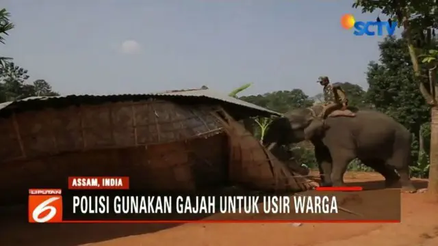 Meski warga sempat melawan dengan lemparan batu, polisi dibantu gajah tetap mengusir mereka.