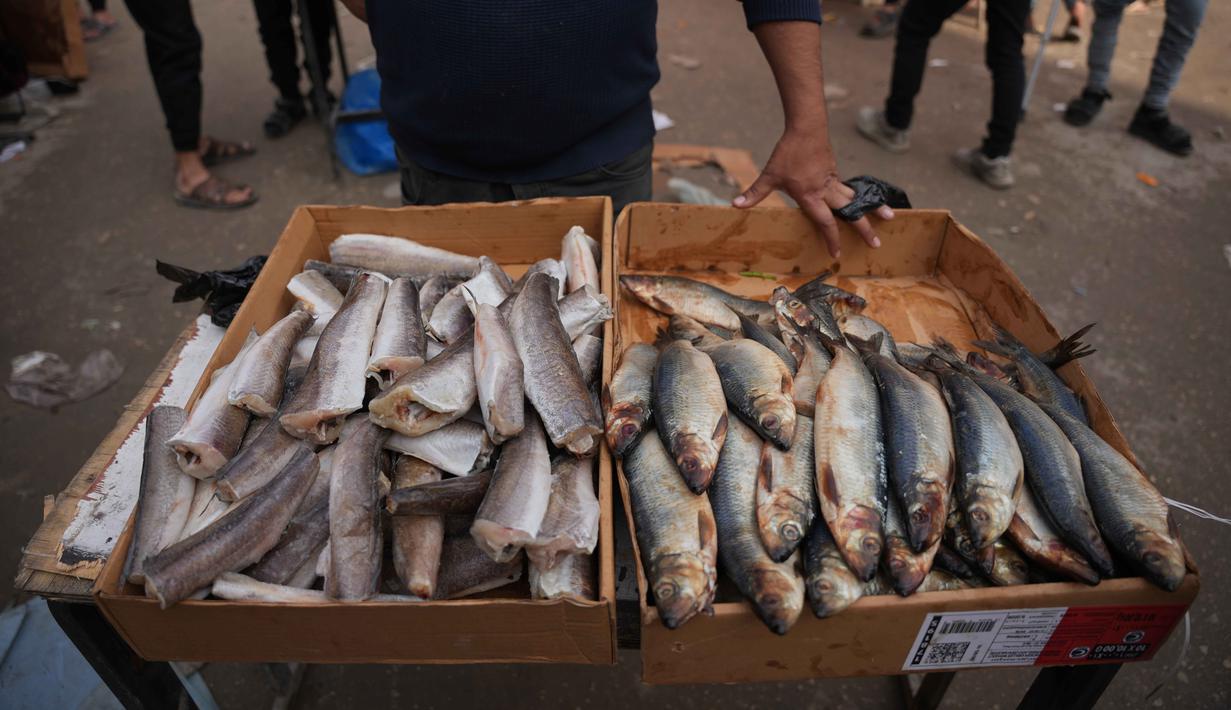 Pedagang di pasar jalanan Kota Gaza kini terlihat menjajakan komoditas seperti ikan sarden segar, daging ayam, buah-buahan, dan sayuran. Tampak dalam foto, seorang pedagang Palestina memajang ikan sarden untuk dijual di jalanan pasar lokal di Kota Gaza, Jumat, 19 Desember 2025. (AP Photo/Abdel Kareem Hana)