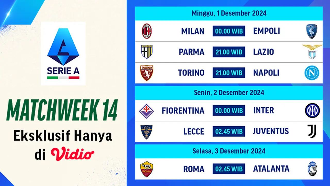 Jadwal Serie A 2024/2025 Matchweek 14