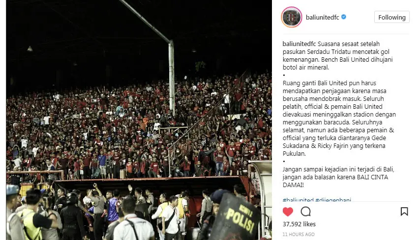 Unggahan pihak Bali United di Instagram terkait insiden di laga lawan PSM, Senin (6/11). (Instagram/Bali United)