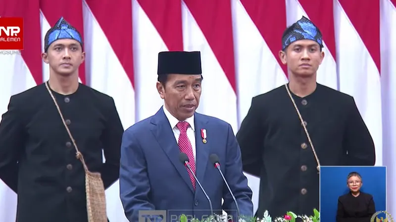 Presiden Joko Widodo (Jokowi) menghadiri Pidato Kenegaraan Presiden RI Tentang RAPBN Tahun Anggaran 2024 Beserta Nota Keuangan di Gedung MPR DPR, Jakarta.