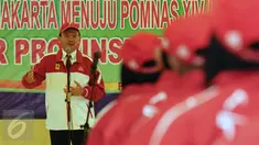Gubernur DKI Jakarta, Basuki T Purnama memberikan pesan pada mahasiswa DKI Jakarta yang akan  berlomba di Pomnas XIV/Aceh di Balai Agung Jakarta, Selasa (10/11/2015). Jakarta menerjunkan 310 atlit berikut official. (Liputan6.com/Helmi Fithriansyah)  