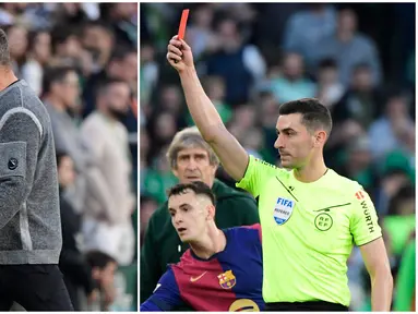 Barcelona gagal meraih kemenangan atas Real Betis setelah kemenangan di depan mata buyar. Hasil minor ini kian terasa pahit lantaran sang pelatih Hansi Flick mendapat kartu merah dari wasit. (AFP/Cristina Quicler)