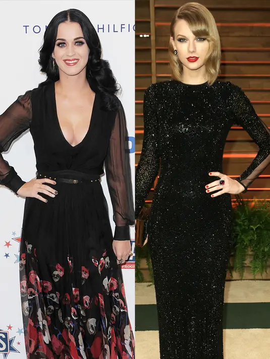 Dress hitam panjang untuk acara resmi, tentu Katy Perry dan Taylor Swift punya gaya serupa. (REX/Shutterstock/HollywoodLife)