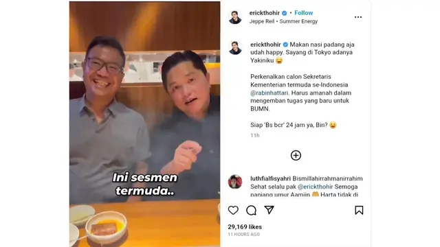 Menteri BUMN Erick Thohir akan melantik Rabin Hattari sebagai Sekretaris Kementerian BUMN baru pada hari ini, Rabu, 24 Mei 2023.  Foto: Instagram
