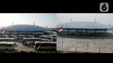 Foto kombo yang menunjukkan aktivitas pemudik pada H-8 Idul Fitri tahun lalu di Terminal Pulo Gebang, Jakarta, Selasa (28/5/2019) dan suasana sepi arus mudik akibat pandemi virus corona COVID-19 di Terminal Pulo Gebang, Minggu (17/5/2020). (merdeka.com/Iqbal S. Nugroho)