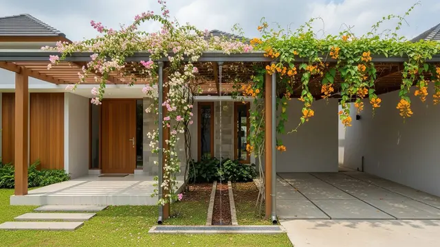 Desain Teras Sekaligus Carport dengan Tanaman Rambat