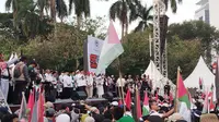 Ketua Pengarah Aliansi Rakyat Indonesia Bela Palestina (ARIBP) Din Syamsuddin mendorong pemerintah mengirimkan pasukan militer untuk membela rakyat Palestina. (Liputan6.com/Ady Anugrahadi)