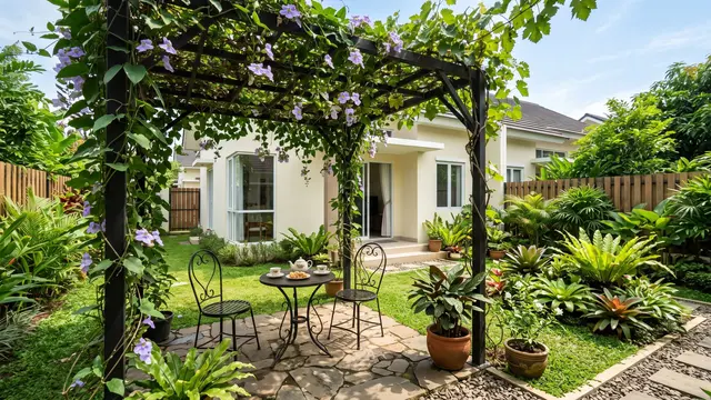 Ide Halaman Belakang dengan Pergola dan Taman Mini