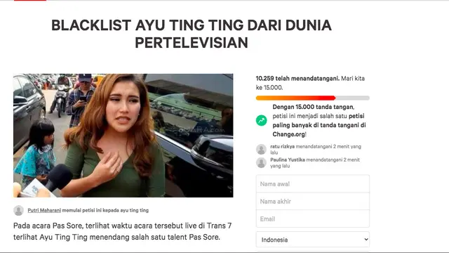 Heboh Petisi Blacklist Ayu Ting Ting di Televisi yang Tembus Sepuluh Ribu Pendukung