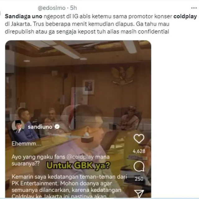 Sandiaga Uno Bocorkan Coldplay Bakal Konser di Indonesia di Instagram Tapi Kemudian Dihapus