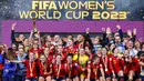 Selebrasi pemain Timnas Spanyol setelah keluar sebagai juara Piala Dunia Wanita 2023 yang berlangsung di Stadium Australia, Sydney, Minggu (20/8/2023). (AFP/Franck Fife)