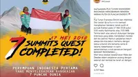 Hilda dan Deedee, dua pendaki perempuan Indonesia akhirnya berhasil mencapai puncak Everest pada 17 Mei 2018. (Instagram Ina7Summits)