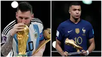 Foto kolase saat FIFA memberikan penghargaan individual kepada Lionel Messi (kiri) dan Kylian Mbappe  sebelum upacara pemberian trofi Piala Dunia. (Foto-foto: AP Photo/Martin Meissner, )