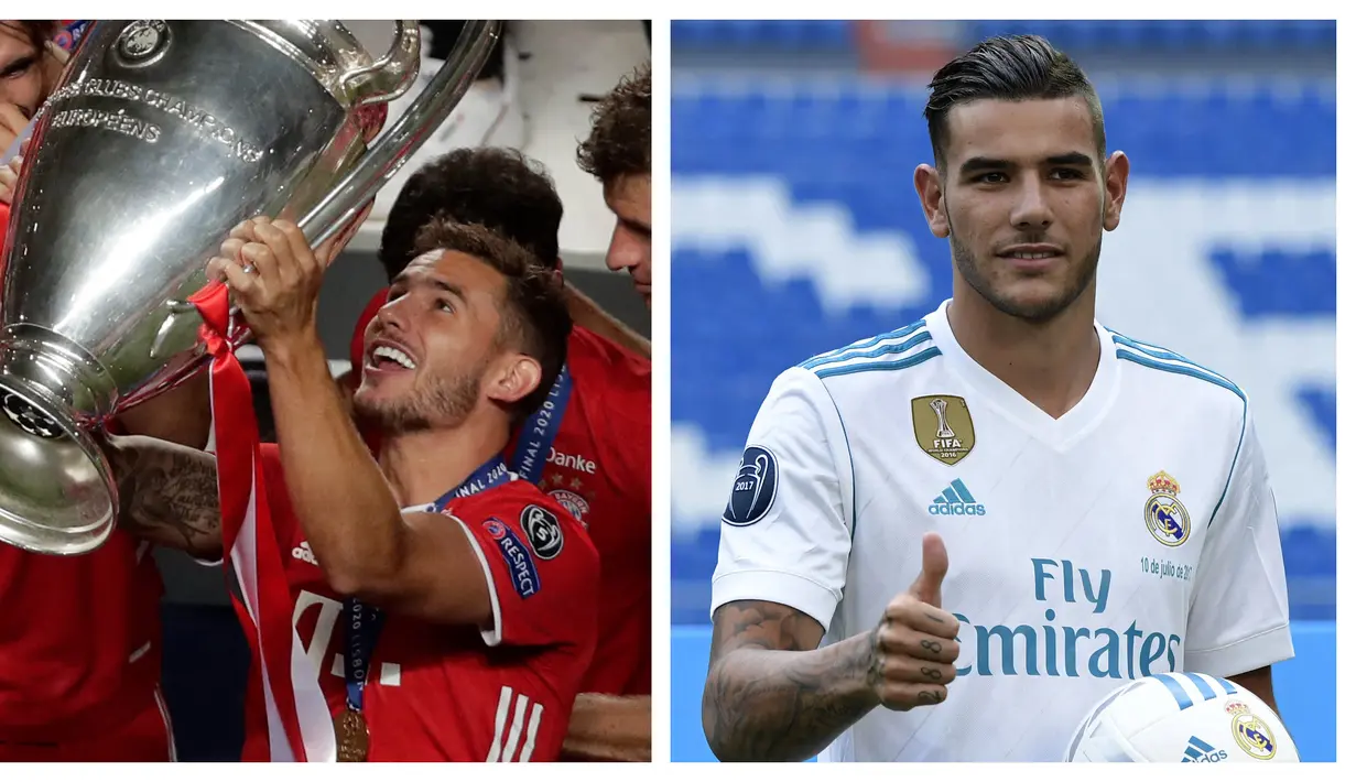 Lucas dan Theo Hernandez. Sang adik Theo Hernandez (kanan) meraih trofi Liga Champions terlebih dahulu bersama Real madrid pada musim 2017/2018. Sementara sang kakak Lucas Hernandez meraihnya bersama Bayern Munchen pada musim 2019/2020. (Kolase AFP)
