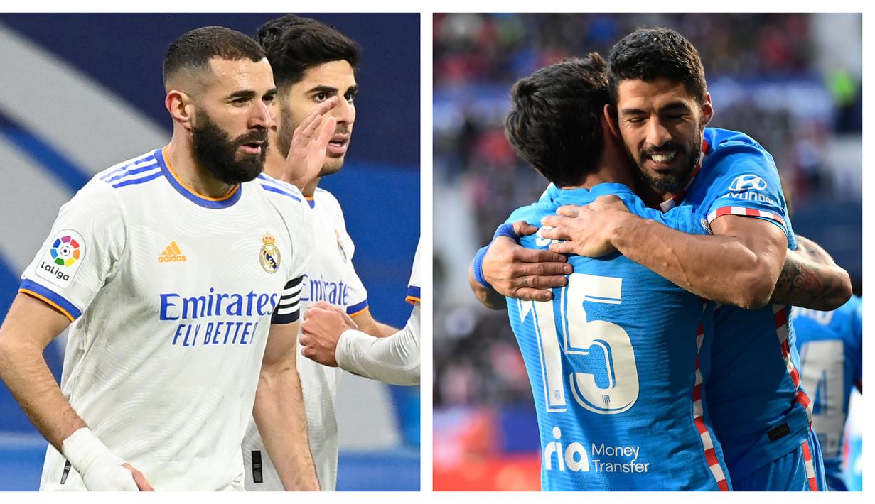 Karim Benzema dan Luis Suarez masing-masing mencetak 1 gol untuk timnya dalam kemenangan identik 3-0 atas lawan-lawannya di Liga panyol, Sabtu (19/2/2022). Real Madrid membungkam Alaves untuk tetap di puncak, Atletico Madrid membekap Osasuna untuk amankan posisi 4. (Kolase AFP dan AP)