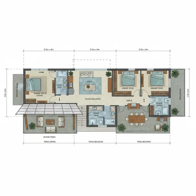 Desain Rumah Tipe 70 di Tanah Memanjang. Gemini