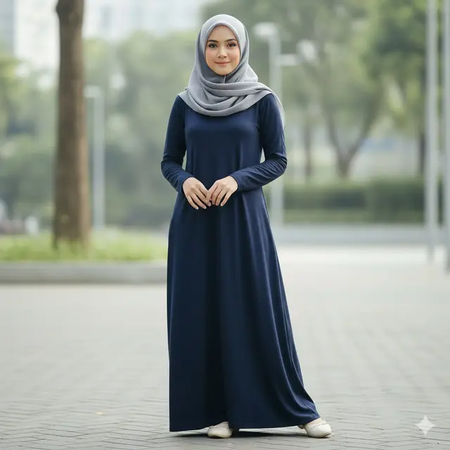 Dress Navy dengan Hijab Abu-Abu