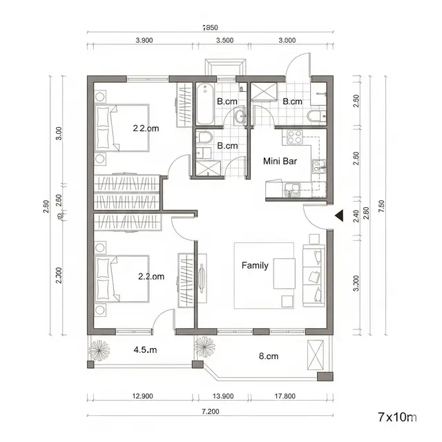 Ide Denah Rumah Ukuran 7x10 Kamar 2 Sederhana (Gemini)