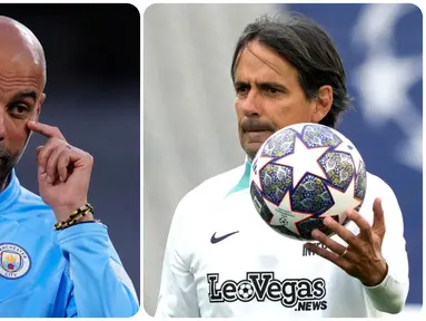 Foto kombinasi memperlihatkan pelatih Manchester City Pep Guardiola (kiri) dan pelatih Inter Milan Simone Inzaghi (kanan) saat sesi latihan di Ataturk Olympic Stadium, Istanbul, Turki, Jumat (9/6/2023). Manchester City dan Inter Milan melakukan persiapan terakhir jelang laga final Liga Champions. (AP Photo/Manu Fernandez/Antonio Calanni)