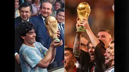 Foto kombo memperlihatkan kapten tim Argentina Diego Armando Maradona (kiri) mengangkat dan memperlihatkan trofi Piala Dunia yang diraih timnya setelah menang 3-2 atas Jerman Barat di Stadion Azteca di Mexico City (29/6/1986) dan kapten Argentina di Piala Dunia 2022, Lionel Messi (kanan) melakukan hal yang sama pada Piala Dunia 2022 . (Foto-foto: AFP/Dominique Faget, Adrian Dennis)