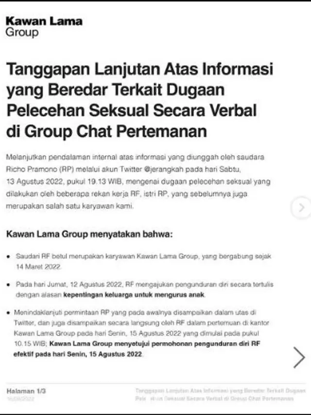 Kawan Lama Group Kembali Rilis Pernyatan Soal Dugaan Pelecehan Karyawati di Grup WA