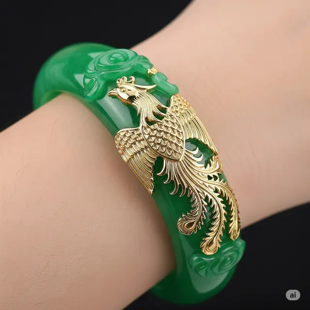 Gelang Giok Ukiran Phoenix dengan Inlay Emas