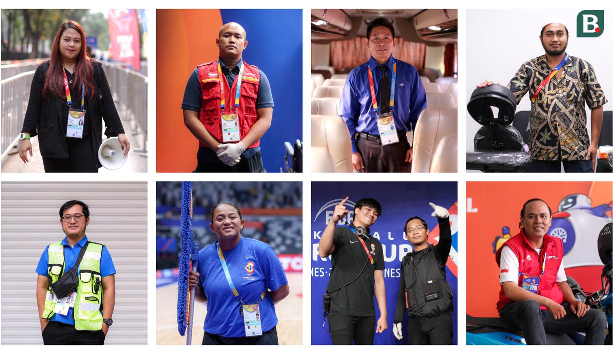 Kolase foto beberapa sosok yang terlibat dalam ajang Piala Dunia FIBA 2023 di Indonesia Arena, Senayan, Jakarta. Indonesia menjadi salah satu tuan rumah Piala Dunia FIBA 2023 yang berlangsung selama 10 hari sejak 25 Agustus hingga 3 September 2023. Sebanyak 8 tim dari dua grup bertanding dalam dua putaran untuk memperebutkan tiket perempat final ke Manila, Filipina. Latvia dan Kanada menjadi wakil dari Indonesia yang lolos ke babak delapan besar. (Bola.com/Bagaskara Lazuardi)