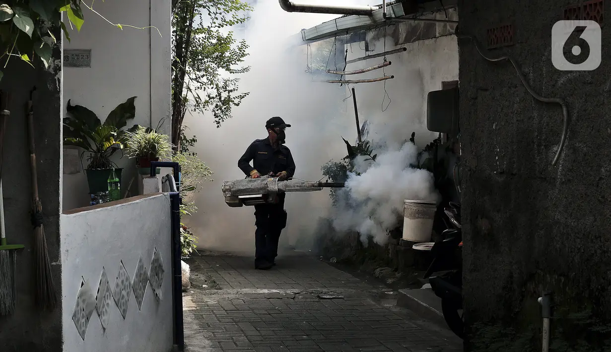 Petugas melakukan pengasapan atau fogging untuk membasmi nyamuk demam berdarah dengue (DBD) di perumahan warga di Jakarta, Sabtu (11/4/2020). Fogging dilakukan sebagai langkah pengendalian vektor nyamuk DBD. (Liputan6.com/JohanTallo)