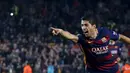 Ekspresi Luis Suarez setelah mencetak gol kedua ke gawang Eibar dalam laga La Liga Spanyol di Stadion Camp Nou, Barcelona, Senin (26/10/2015) dini hari WIB. (Reuters/Albert Gea)