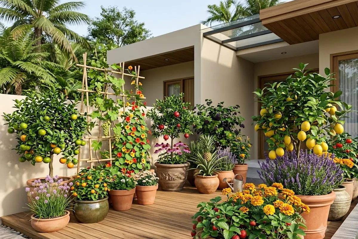 Kombinasi Bunga Hias dan Tanaman Buah dalam Pot yang Bikin Teras Rumah Serasa Kebun Mini