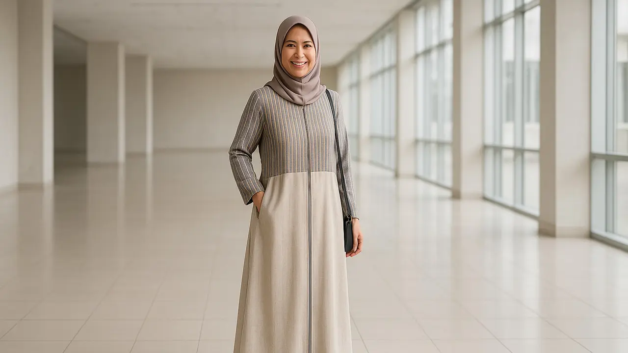 Model Gamis Lurik Kombinasi Polos Terbaru untuk Ibu-Ibu Usia 40 Tahun/via ChatGPT