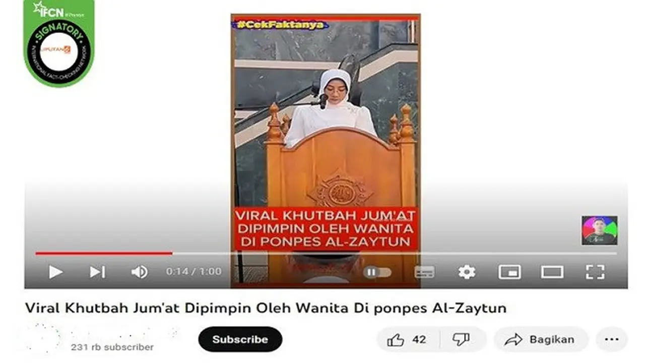 Gambar Tangkapan Layar Video yang Diklaim Seorang Wanita Menjadi Khatib Saat Salat Jumat di Pondok Pesantren Al Zaytun, Indramayu, Jawa Barat (sumber: YouTube).