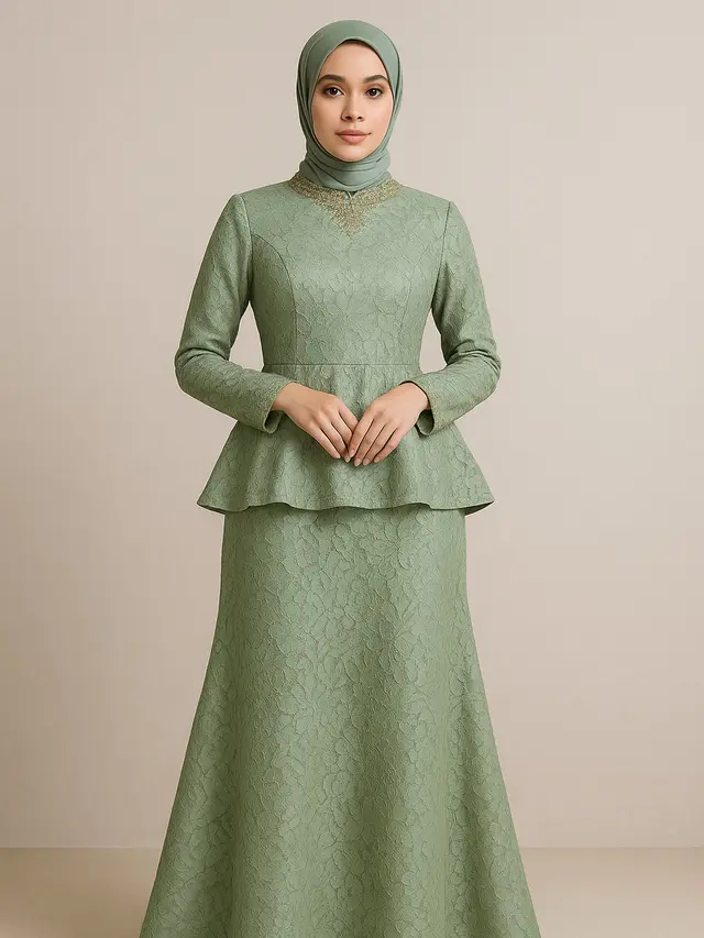 Gamis Brokat Peplum dengan Detail Bordir