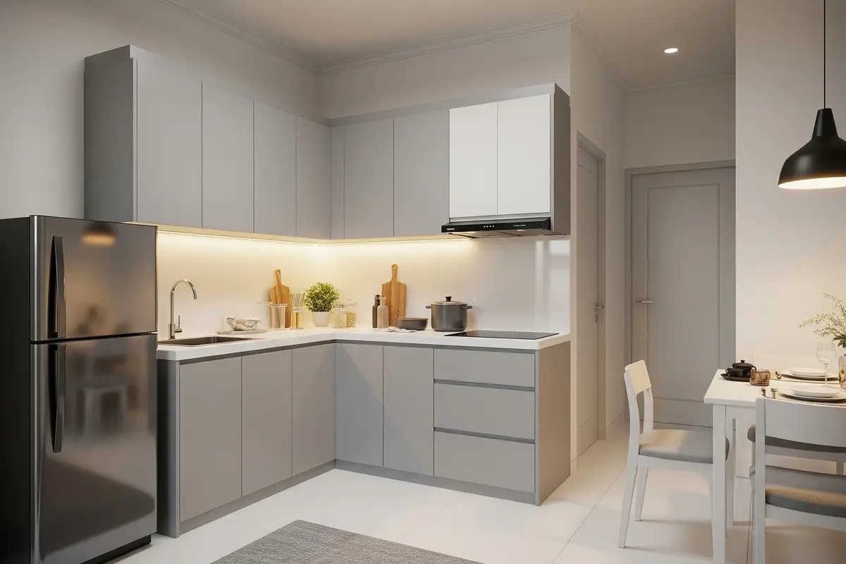 Dapur Open Space Nuansa Abu-abu dan Putih