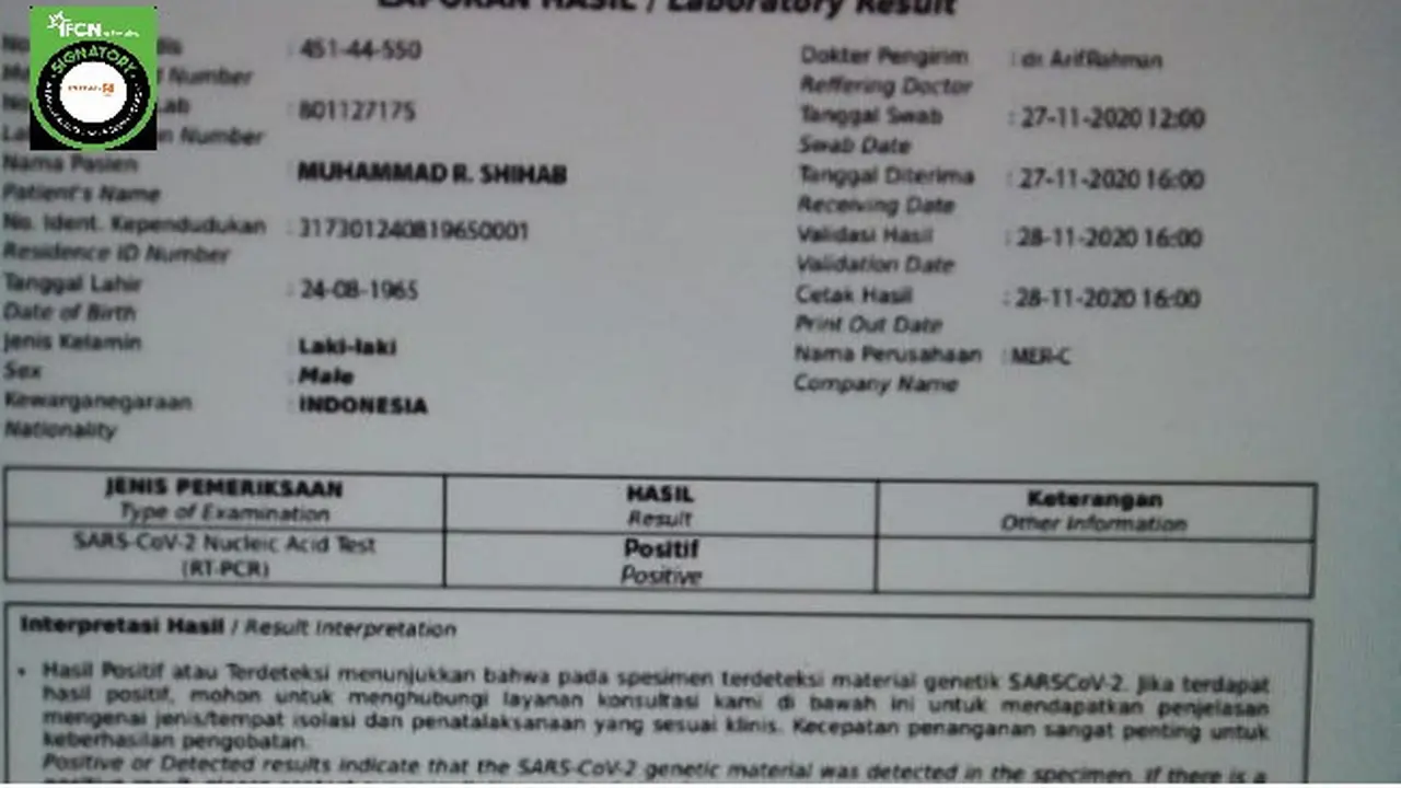 Cek Fakta Liputan6.com menelusuri foto surat hasil tes swab Rizieq Shihab positif Covid-19