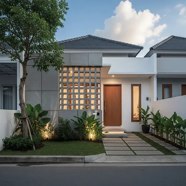 Model Depan Rumah Coran dengan Dinding Setengah Terbuka