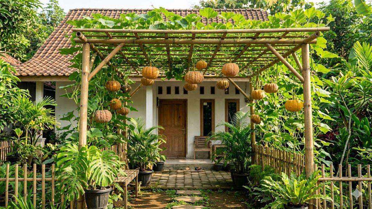 6 Inspirasi Kebun Labu Kuning Rambat di Kanopi Bambu untuk Peneduh Halaman