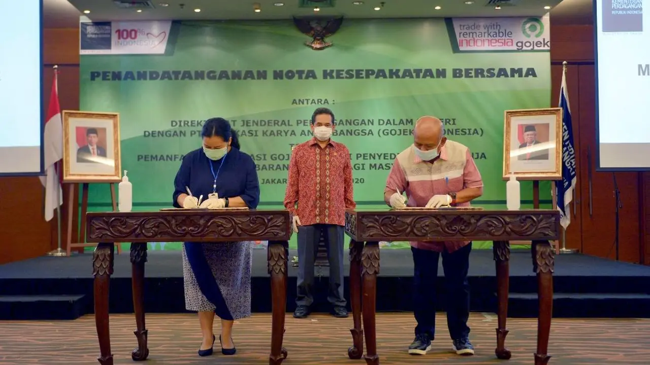 Kementerian Perdagangan menandatangani nota kesepahaman dengan Gojek untuk menjamin distribusi dan transportasi ketersediaan barang kebutuhan pokok. (Dok Kemendag)