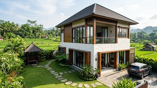 Desain Rumah Desa Adem dengan Taman Samping dan Dinding Batu Alam. Gemini