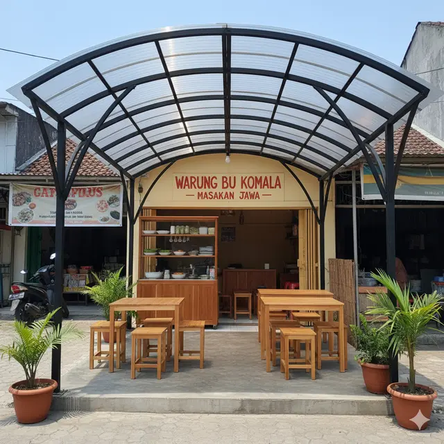 Desain Teras Rumah Kombinasi Baja Ringan Cocok untuk Warung Kecil. Gemini